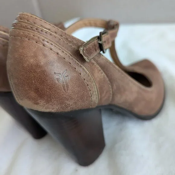 RARE Frye Brown T-strap Leather Pumps Distressed-style Vintage-inspired heels - Picture 8 of 11